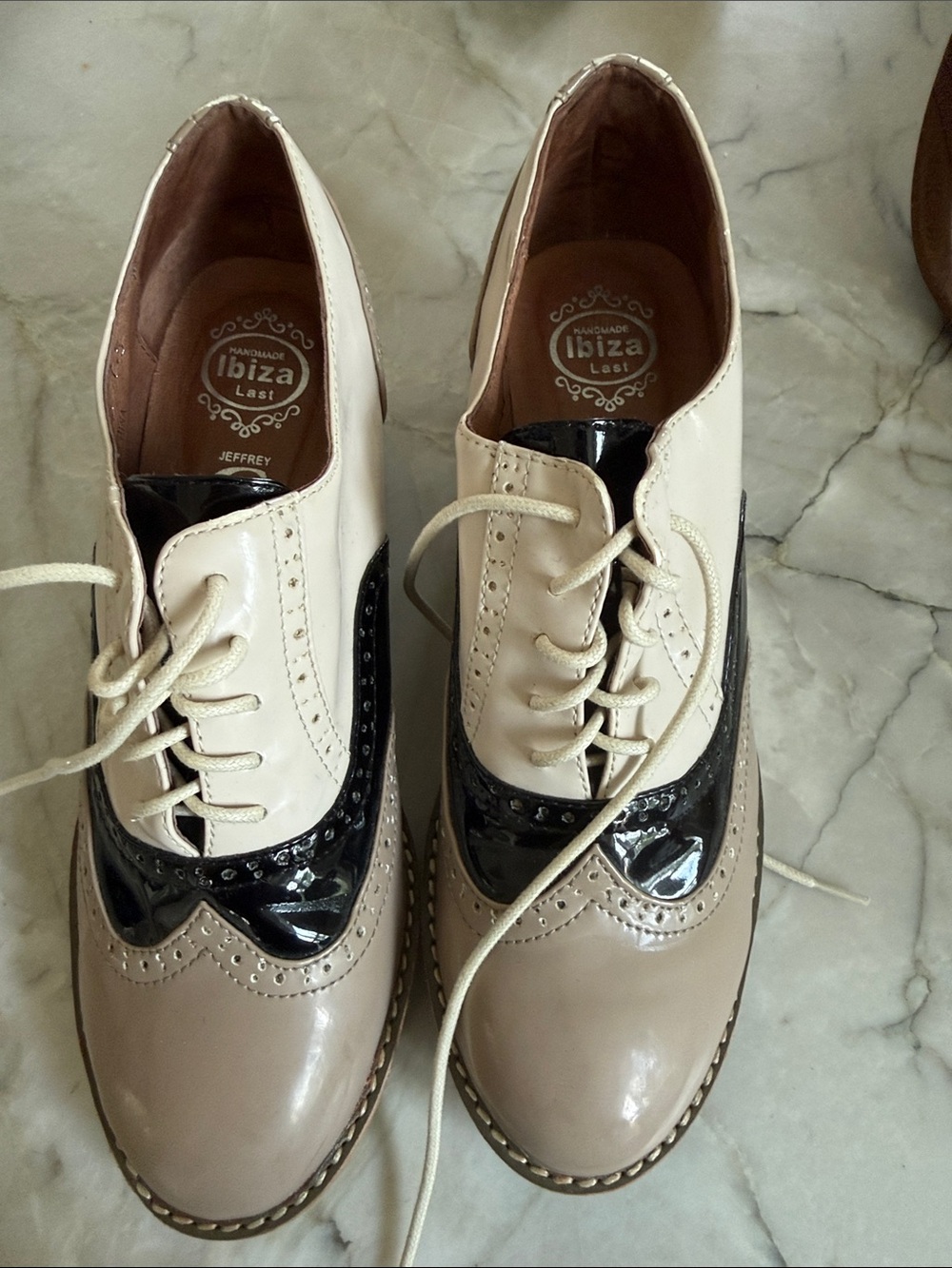 Jeffrey Campbell Two-Tone Patent Wingtip Oxfords in Cream, Beige & Black